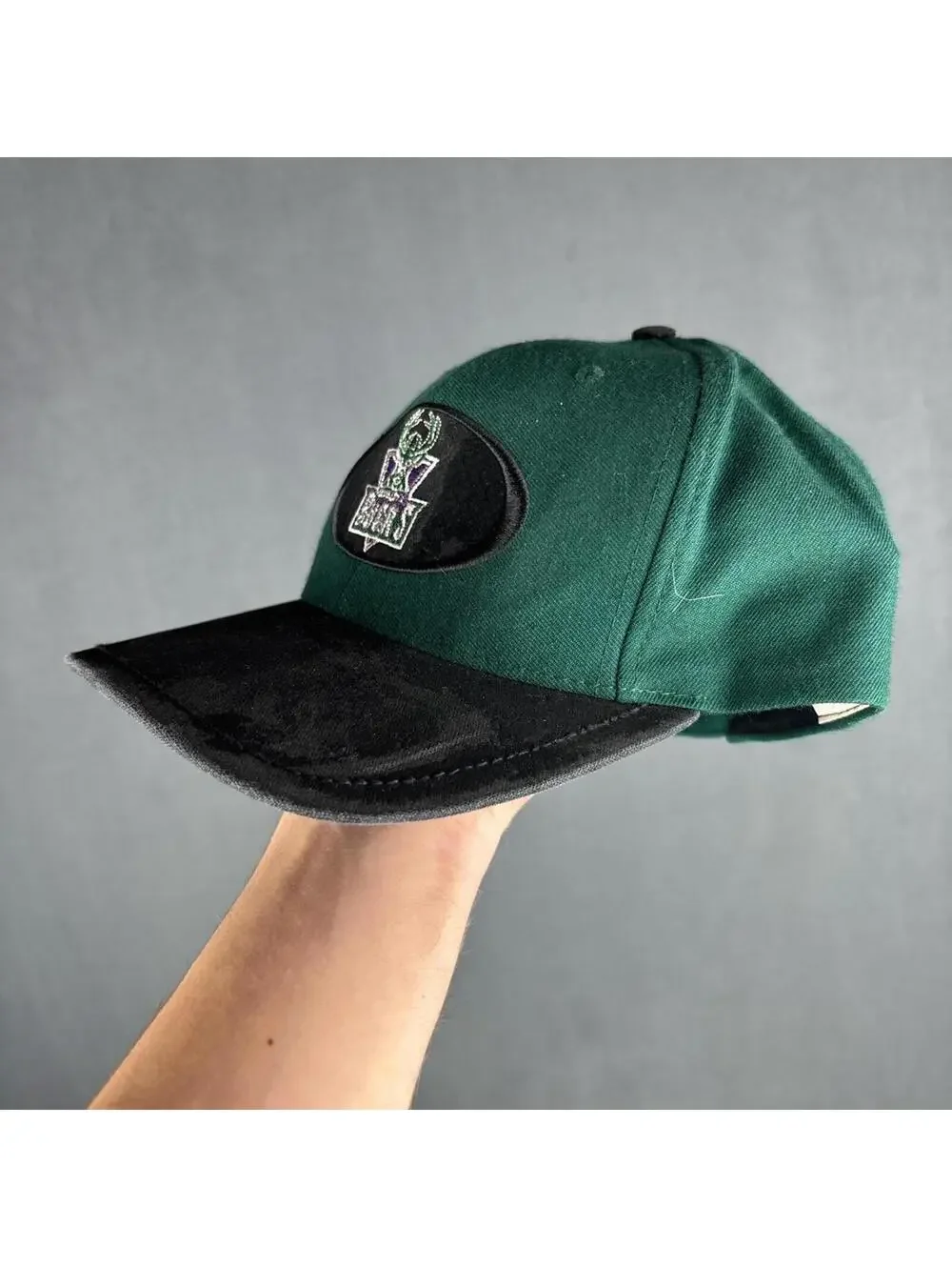 Vintage 90s Milwaukee Bucks Twins Snapback Hat Green Black Suede Brim NBA